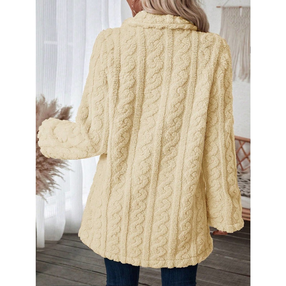 minimalist Double Breasted Lapel collar ribbed knit teddy Coat - Picture 6 of 11